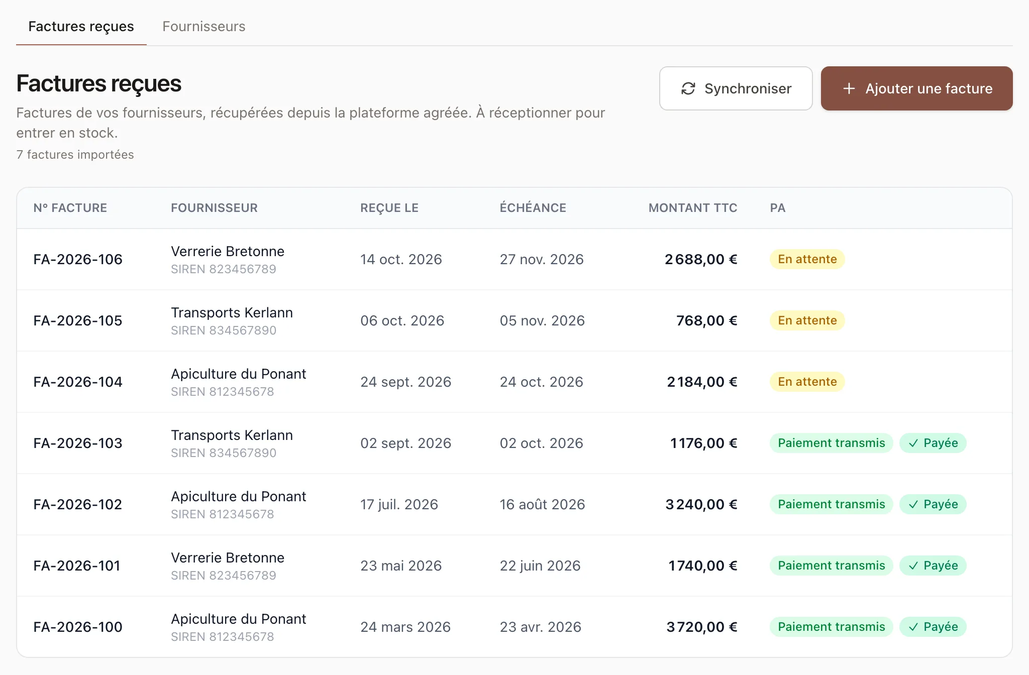 Liste des factures fournisseurs reçues par la plateforme agréée, avec leur échéance, leur montant et leur statut